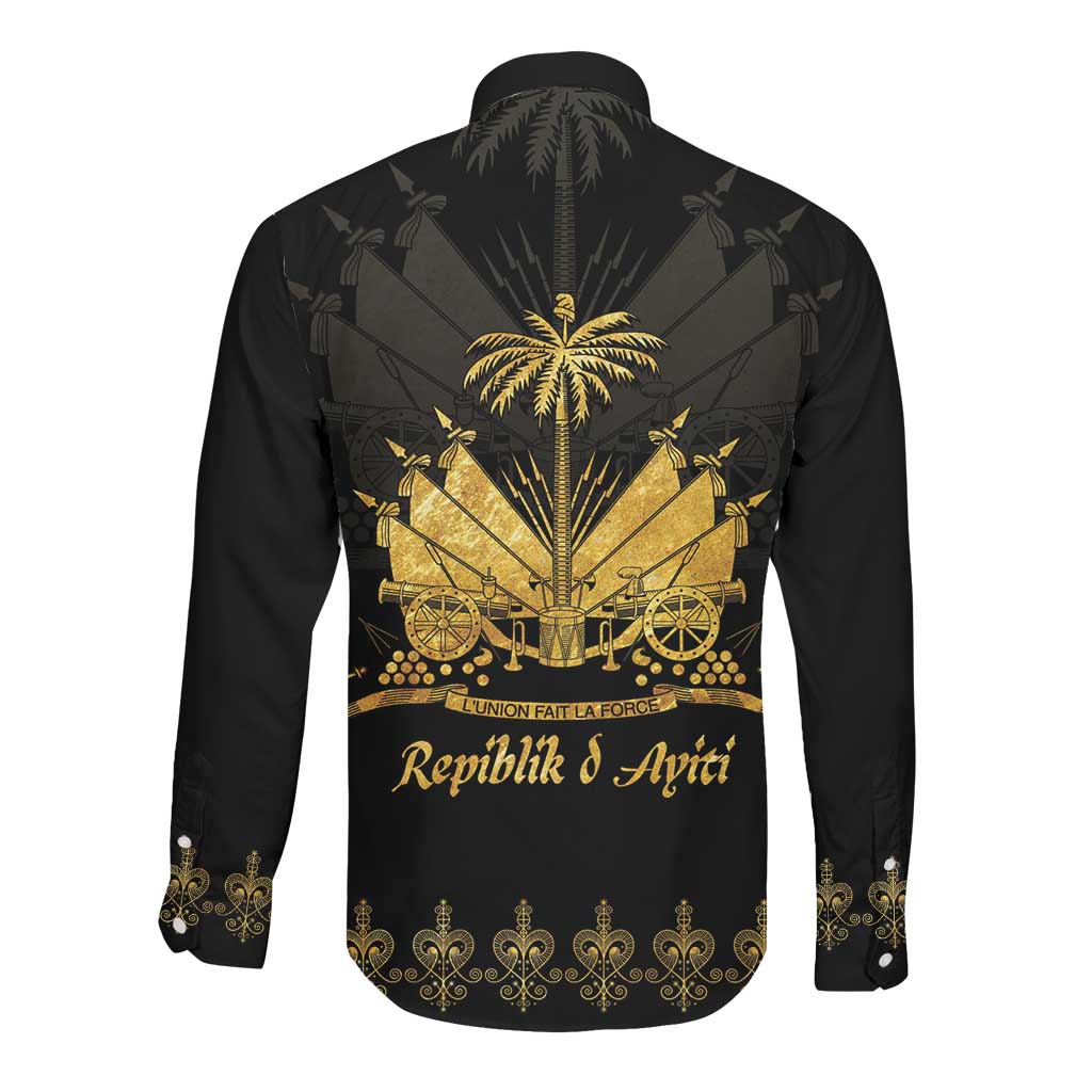 Ayiti 222nd Independence Day Anniversary Long Sleeve Button Shirt Haiti Gold VeVe Pattern - Wonder Print Shop