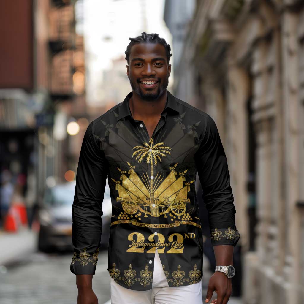 Ayiti 222nd Independence Day Anniversary Long Sleeve Button Shirt Haiti Gold VeVe Pattern - Wonder Print Shop
