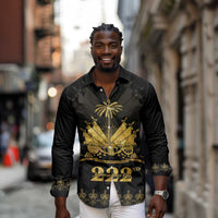 Ayiti 222nd Independence Day Anniversary Long Sleeve Button Shirt Haiti Gold VeVe Pattern - Wonder Print Shop