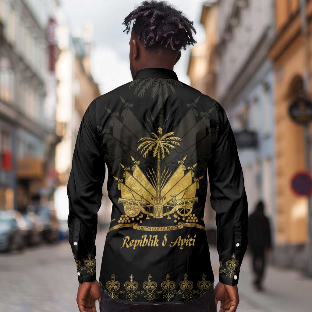Ayiti 222nd Independence Day Anniversary Long Sleeve Button Shirt Haiti Gold VeVe Pattern - Wonder Print Shop