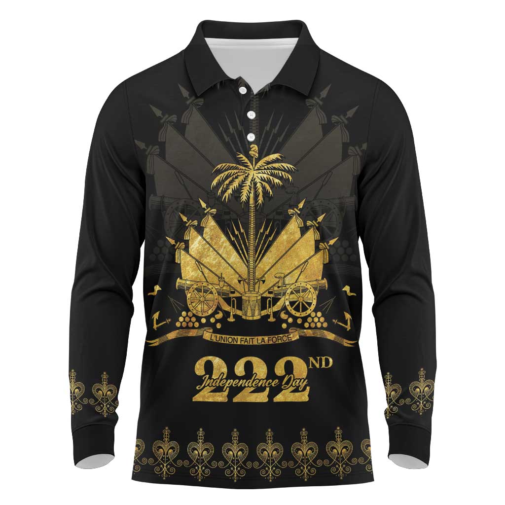 Ayiti 222nd Independence Day Anniversary Long Sleeve Polo Shirt Haiti Gold VeVe Pattern - Wonder Print Shop