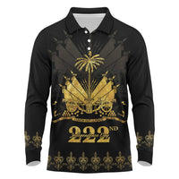 Ayiti 222nd Independence Day Anniversary Long Sleeve Polo Shirt Haiti Gold VeVe Pattern - Wonder Print Shop