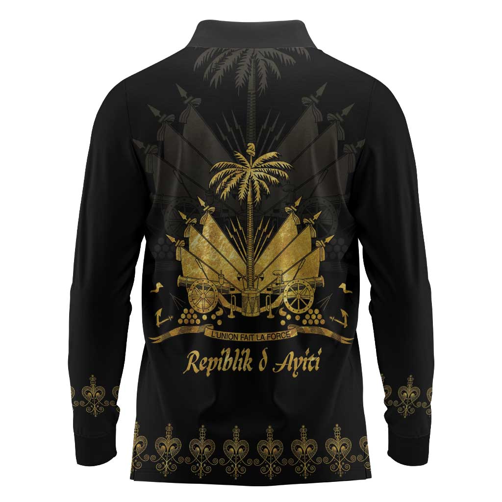Ayiti 222nd Independence Day Anniversary Long Sleeve Polo Shirt Haiti Gold VeVe Pattern - Wonder Print Shop