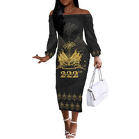 Ayiti 222nd Independence Day Anniversary Off The Shoulder Long Sleeve Dress Haiti Gold VeVe Pattern - Wonder Print Shop