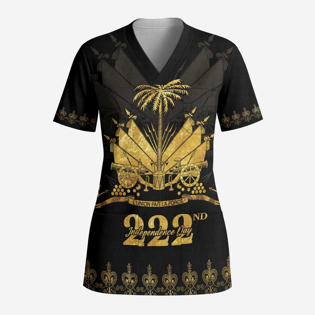 Ayiti 222nd Independence Day Anniversary Scrub Top Haiti Gold VeVe Pattern - Wonder Print Shop