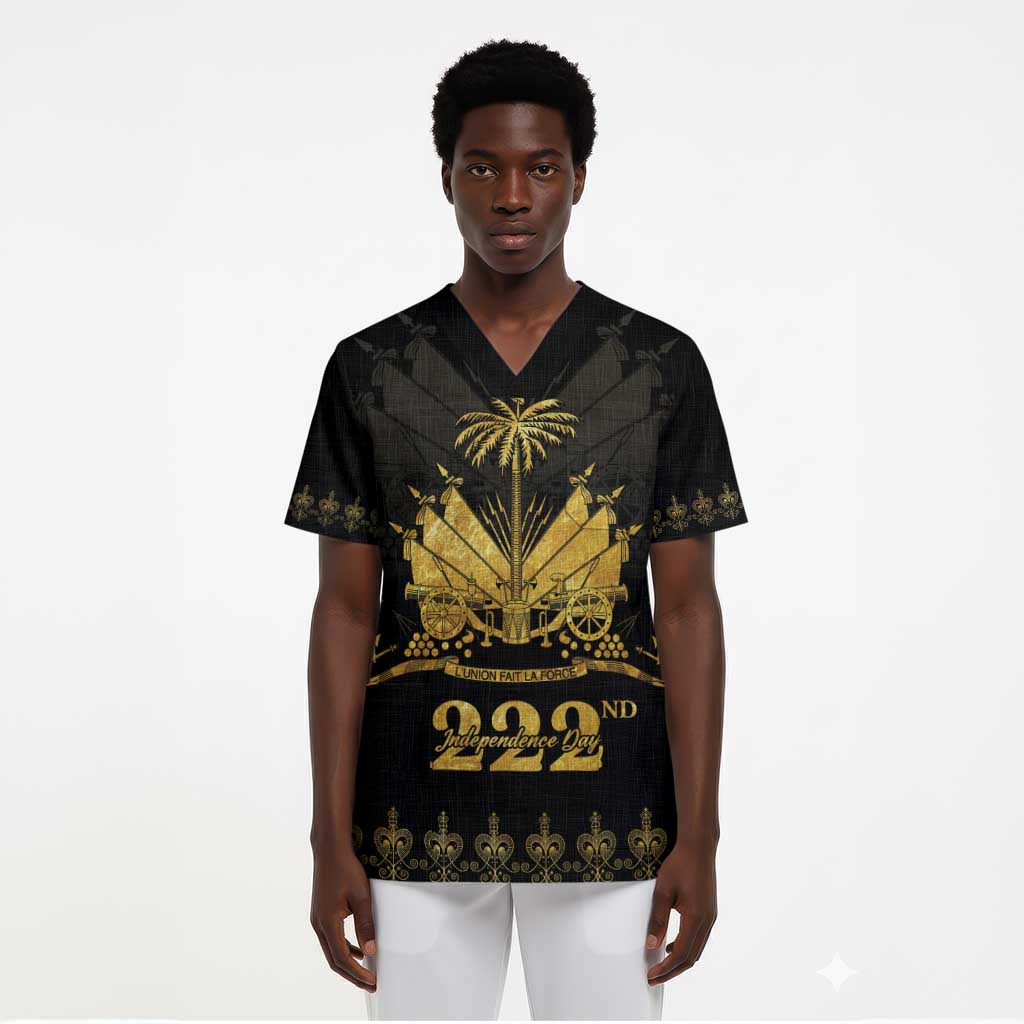Ayiti 222nd Independence Day Anniversary Scrub Top Haiti Gold VeVe Pattern - Wonder Print Shop