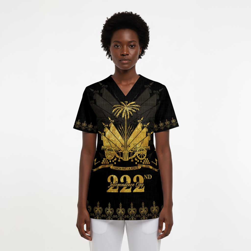 Ayiti 222nd Independence Day Anniversary Scrub Top Haiti Gold VeVe Pattern - Wonder Print Shop