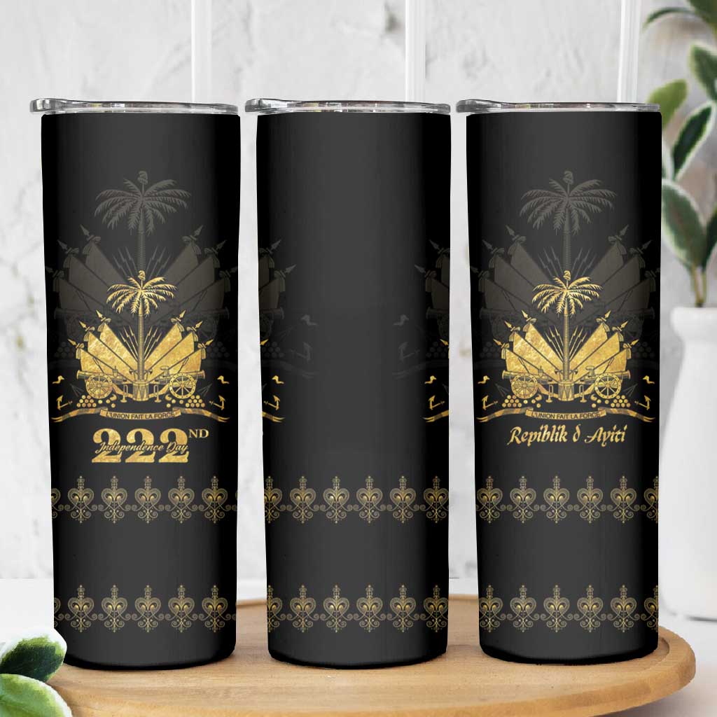 Ayiti 222nd Independence Day Anniversary Skinny Tumbler Haiti Gold VeVe Pattern - Wonder Print Shop