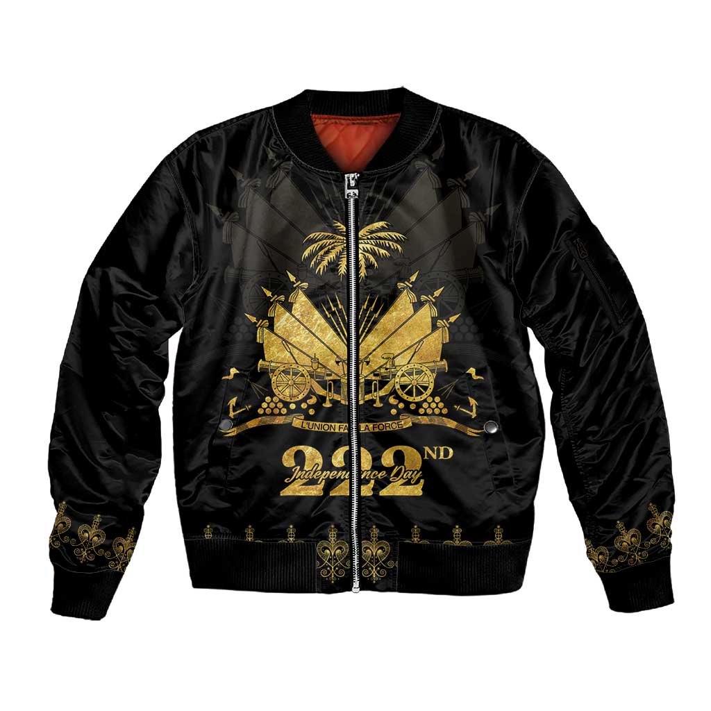 Ayiti 222nd Independence Day Anniversary Sleeve Zip Bomber Jacket Haiti Gold VeVe Pattern - Wonder Print Shop