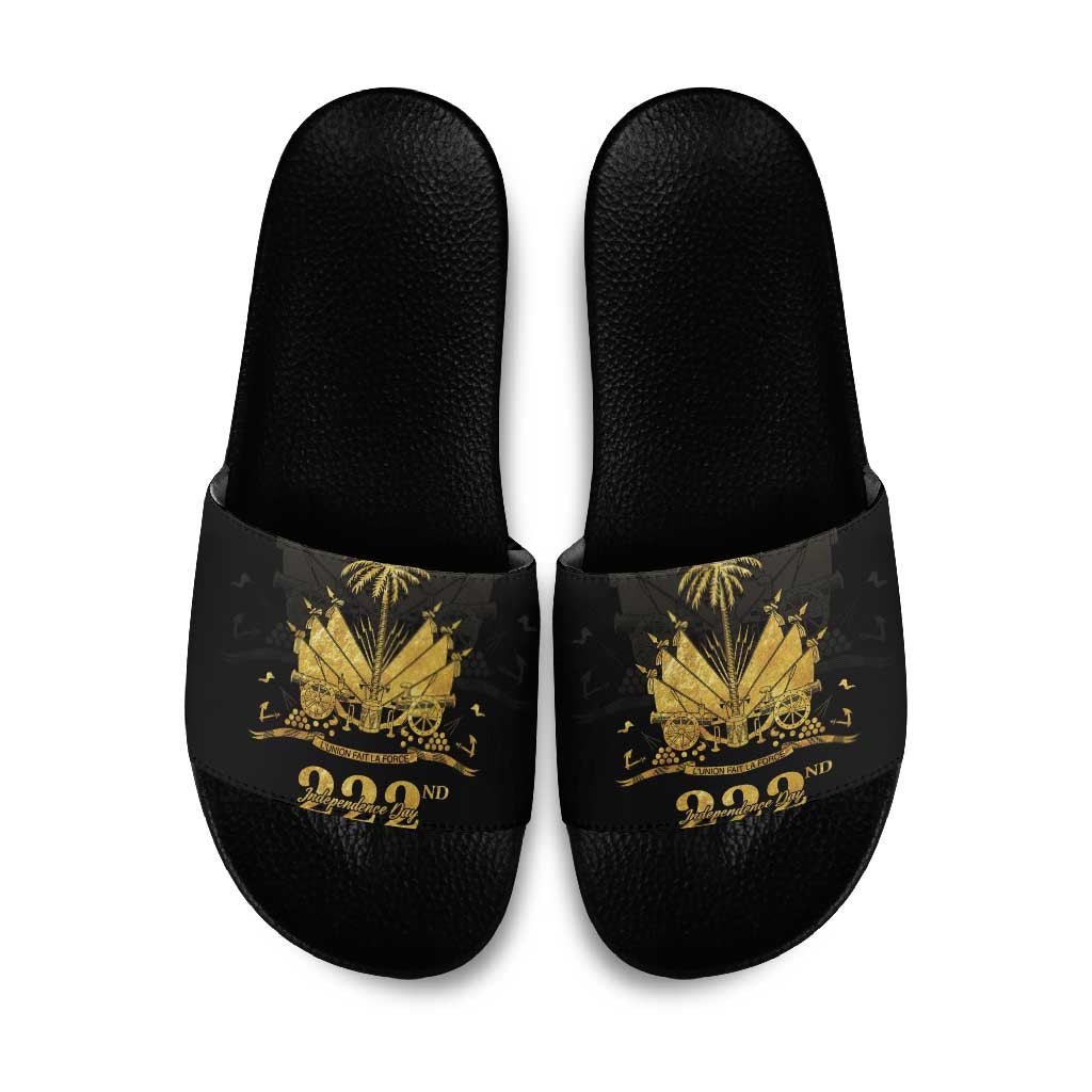 Ayiti 222nd Independence Day Anniversary Slide Sandals Haiti Gold VeVe Pattern - Wonder Print Shop