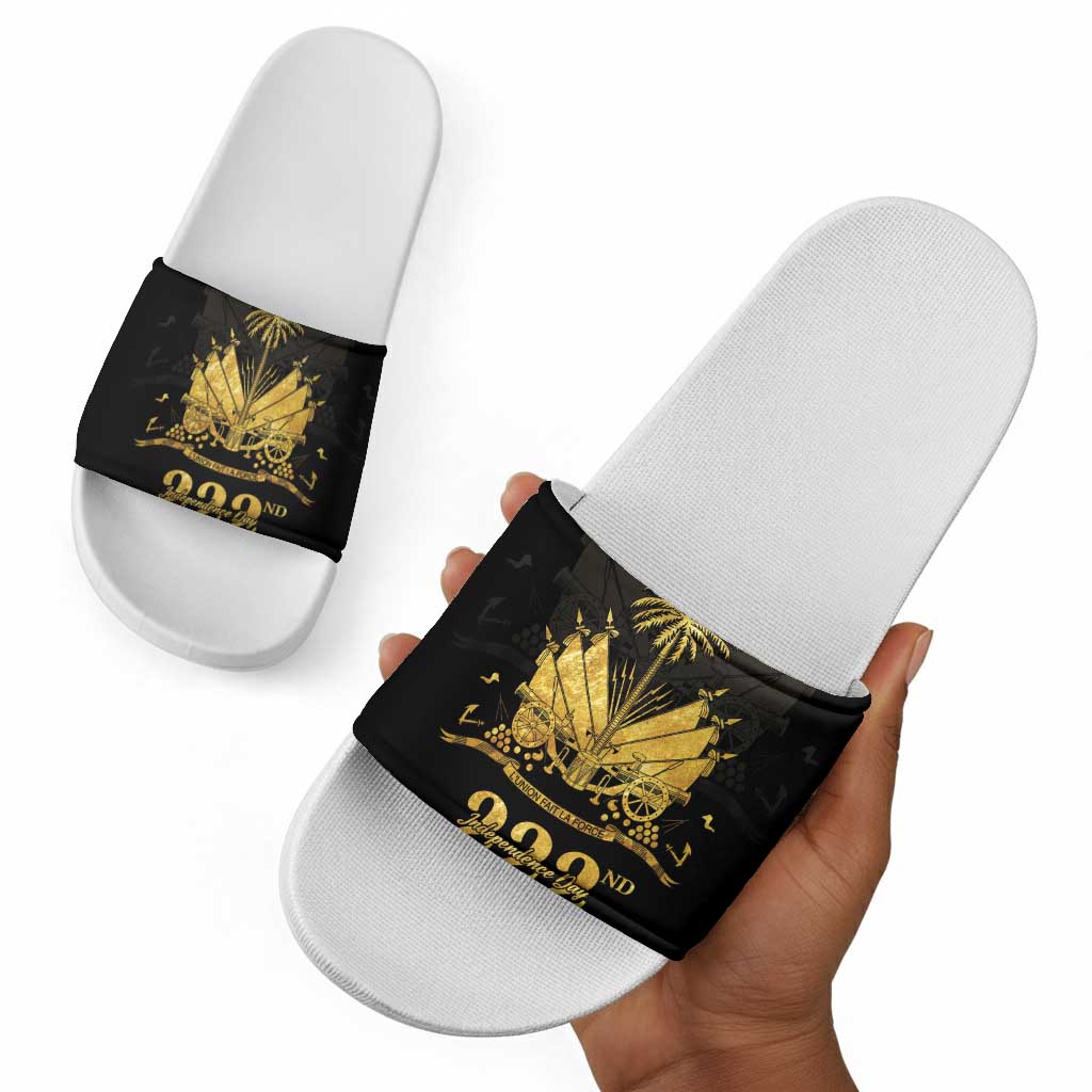 Ayiti 222nd Independence Day Anniversary Slide Sandals Haiti Gold VeVe Pattern - Wonder Print Shop