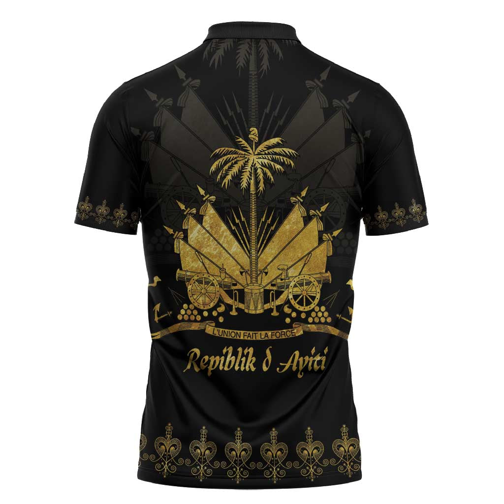 Ayiti 222nd Independence Day Anniversary Zipper Polo Shirt Haiti Gold VeVe Pattern - Wonder Print Shop