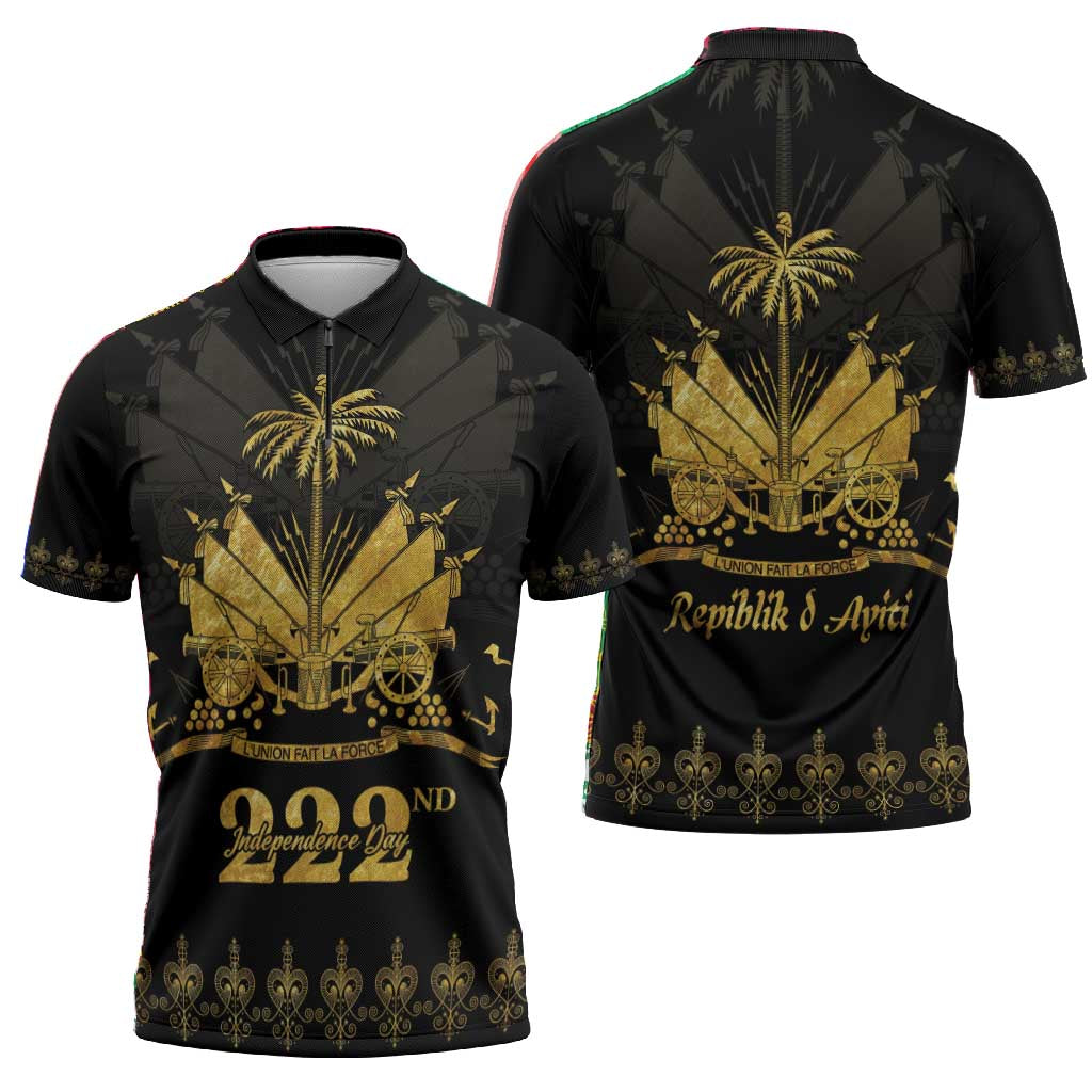 Ayiti 222nd Independence Day Anniversary Zipper Polo Shirt Haiti Gold VeVe Pattern - Wonder Print Shop