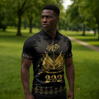 Ayiti 222nd Independence Day Anniversary Zipper Polo Shirt Haiti Gold VeVe Pattern - Wonder Print Shop