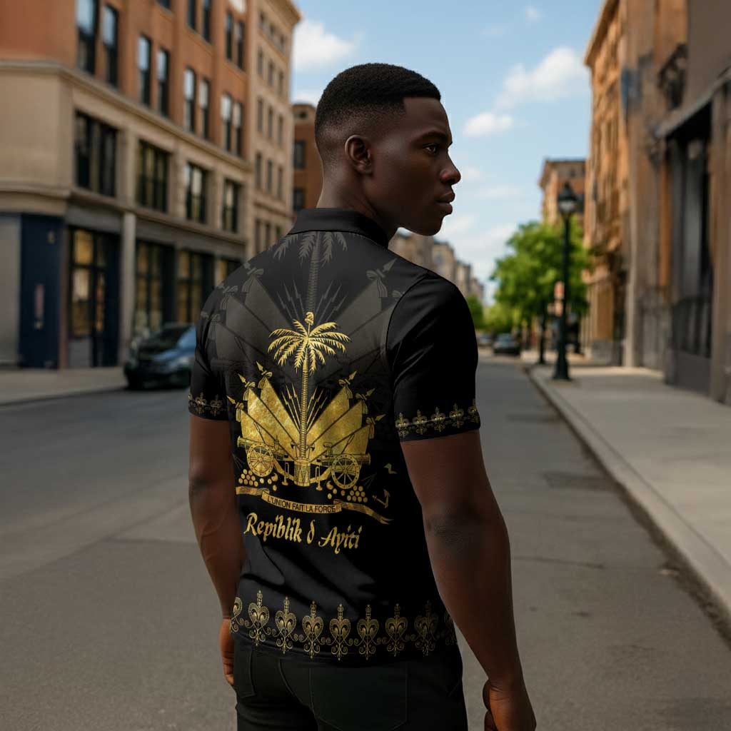 Ayiti 222nd Independence Day Anniversary Zipper Polo Shirt Haiti Gold VeVe Pattern - Wonder Print Shop