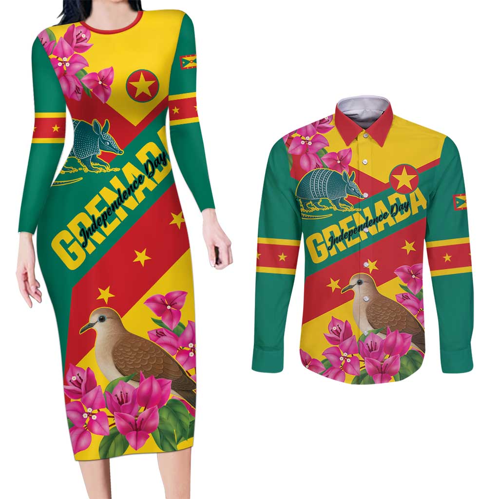 Personalized Grenada Independence Day 1974 Couples Matching Long Sleeve Bodycon Dress and Long Sleeve Button Shirt La Gwinad Dove Armadillo Together - Wonder Print Shop