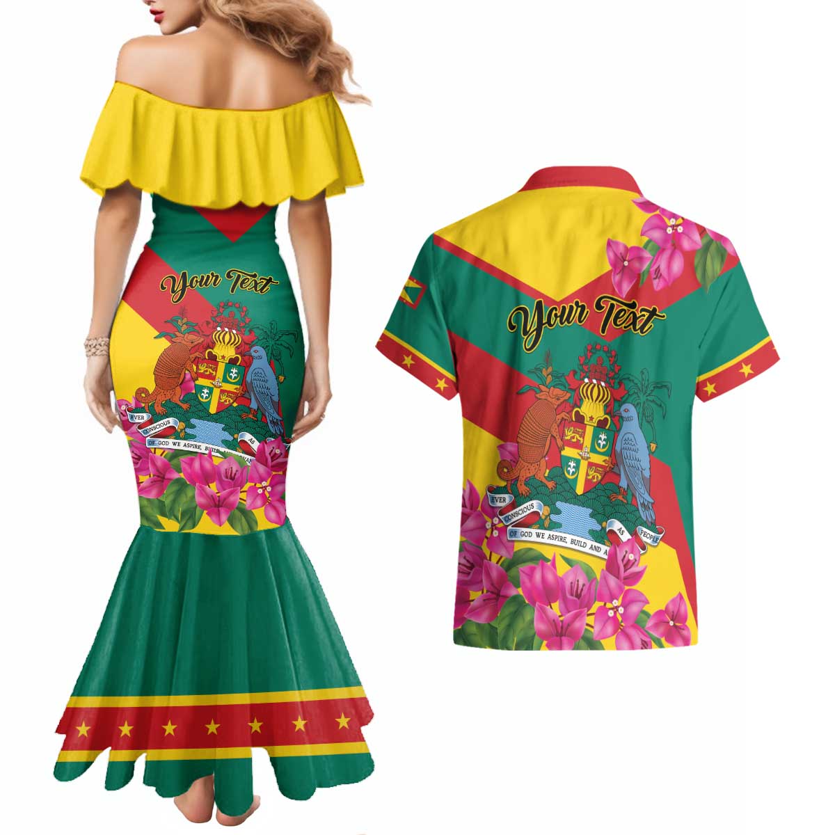 Personalized Grenada Independence Day 1974 Couples Matching Mermaid Dress and Hawaiian Shirt La Gwinad Dove Armadillo Together - Wonder Print Shop