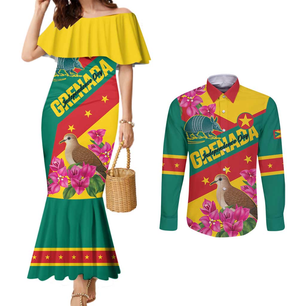 Personalized Grenada Independence Day 1974 Couples Matching Mermaid Dress and Long Sleeve Button Shirt La Gwinad Dove Armadillo Together - Wonder Print Shop