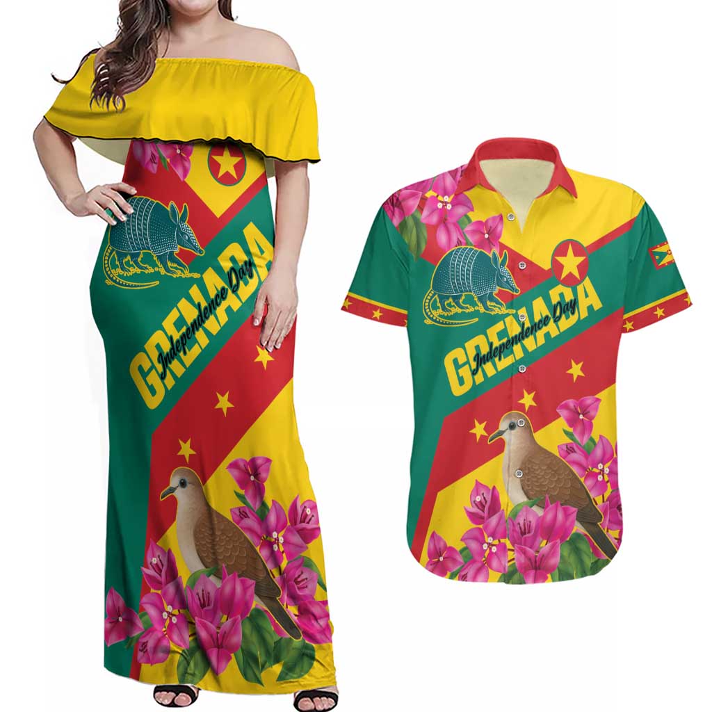 Personalized Grenada Independence Day 1974 Couples Matching Off Shoulder Maxi Dress and Hawaiian Shirt La Gwinad Dove Armadillo Together - Wonder Print Shop