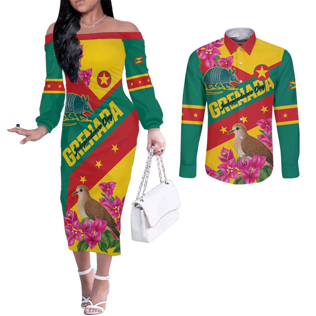 Personalized Grenada Independence Day 1974 Couples Matching Off The Shoulder Long Sleeve Dress and Long Sleeve Button Shirt La Gwinad Dove Armadillo Together - Wonder Print Shop