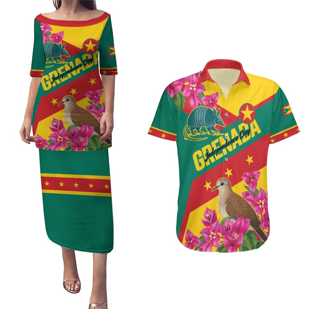 Personalized Grenada Independence Day 1974 Couples Matching Puletasi and Hawaiian Shirt La Gwinad Dove Armadillo Together - Wonder Print Shop