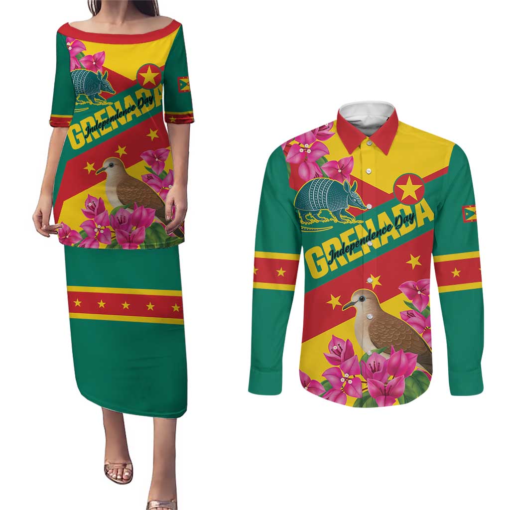Personalized Grenada Independence Day 1974 Couples Matching Puletasi and Long Sleeve Button Shirt La Gwinad Dove Armadillo Together - Wonder Print Shop