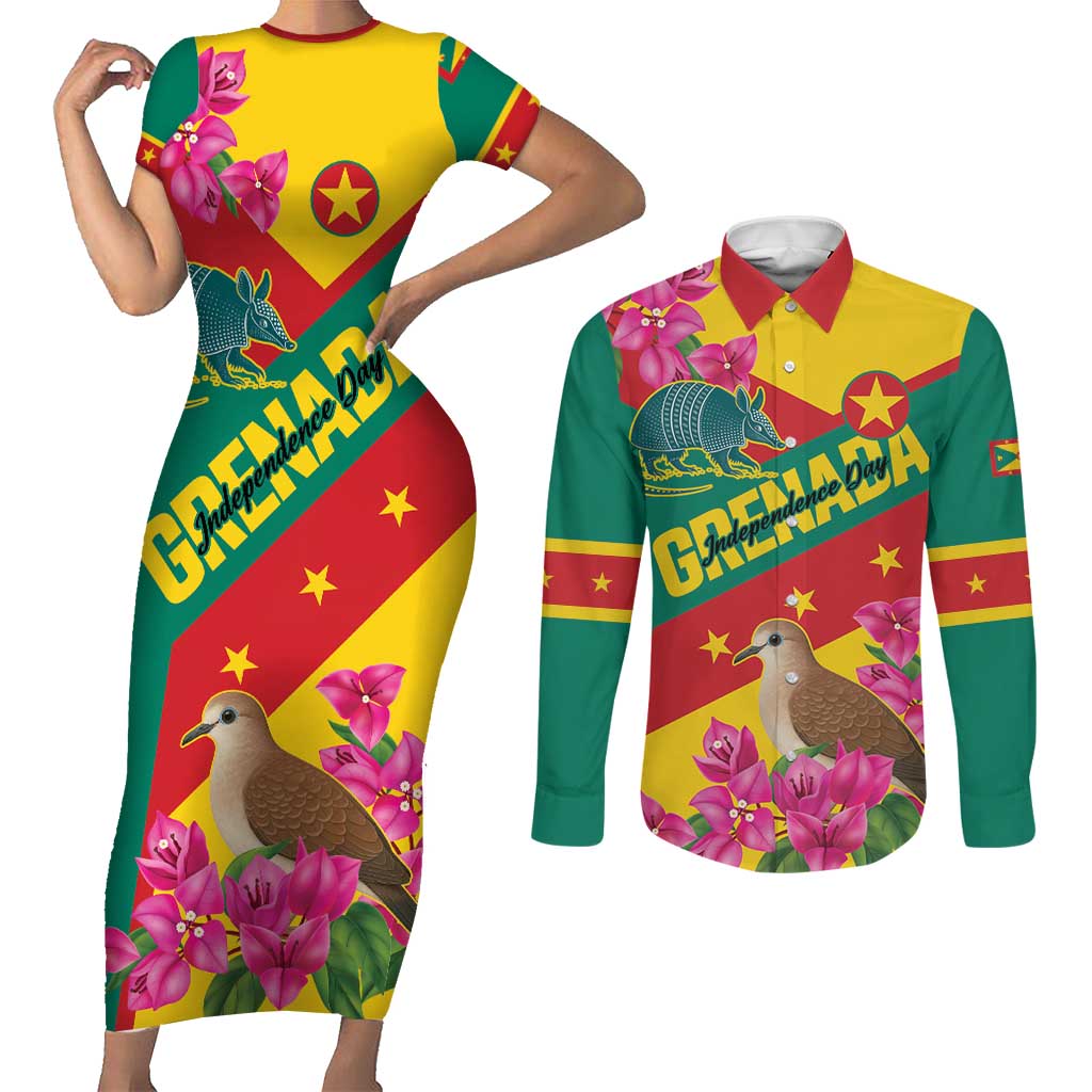 Personalized Grenada Independence Day 1974 Couples Matching Short Sleeve Bodycon Dress and Long Sleeve Button Shirt La Gwinad Dove Armadillo Together - Wonder Print Shop