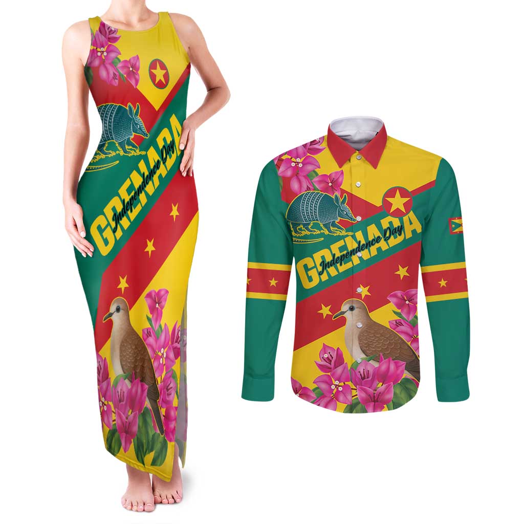 Personalized Grenada Independence Day 1974 Couples Matching Tank Maxi Dress and Long Sleeve Button Shirt La Gwinad Dove Armadillo Together - Wonder Print Shop