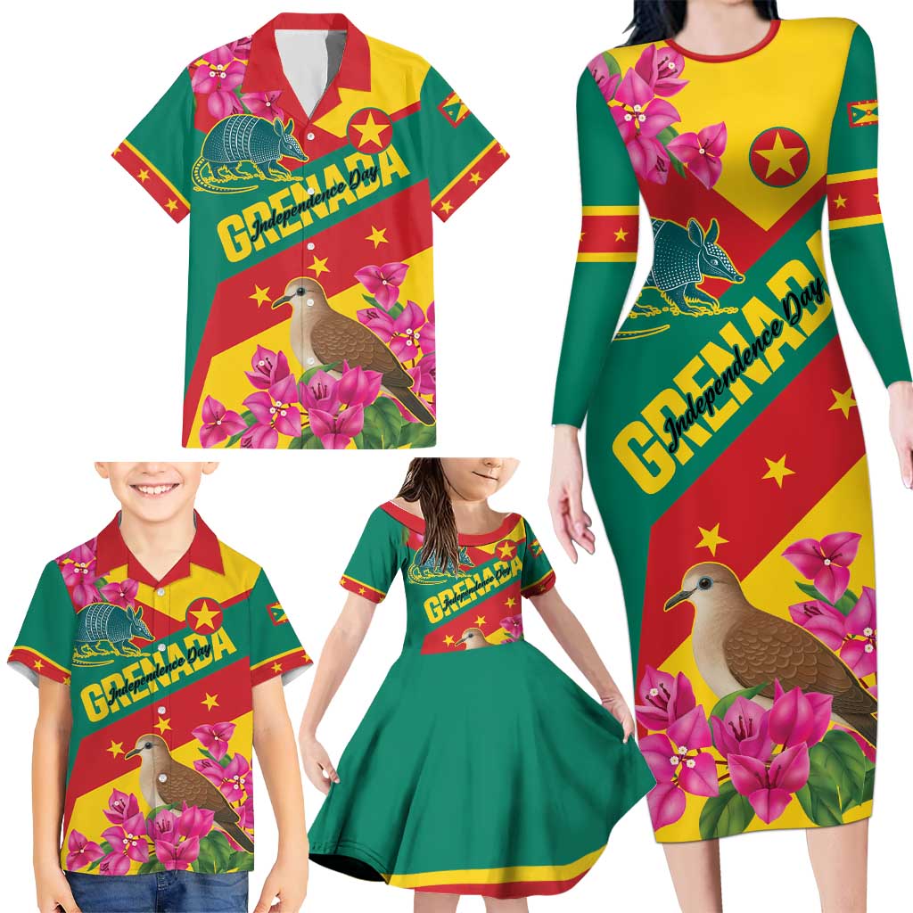 Personalized Grenada Independence Day 1974 Family Matching Long Sleeve Bodycon Dress and Hawaiian Shirt La Gwinad Dove Armadillo Together - Wonder Print Shop