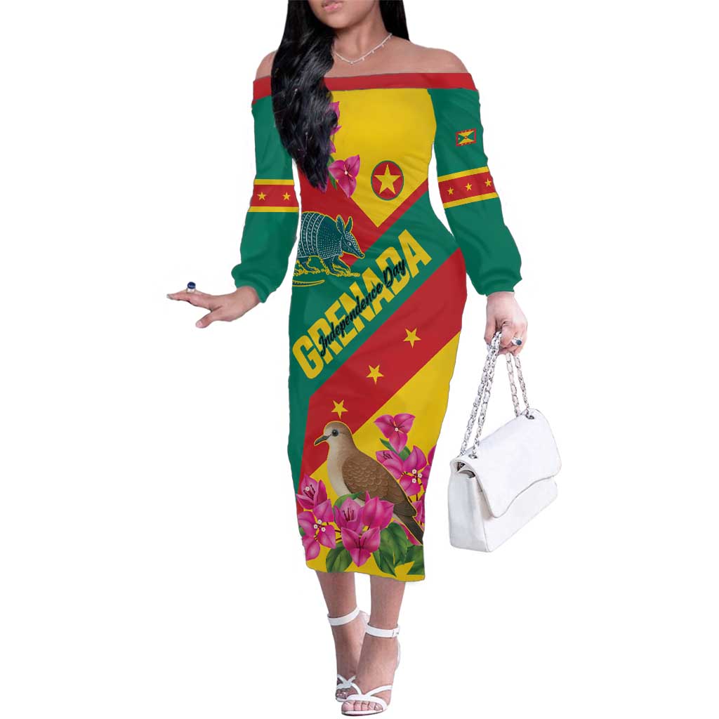 Personalized Grenada Independence Day 1974 Family Matching Off The Shoulder Long Sleeve Dress and Hawaiian Shirt La Gwinad Dove Armadillo Together - Wonder Print Shop