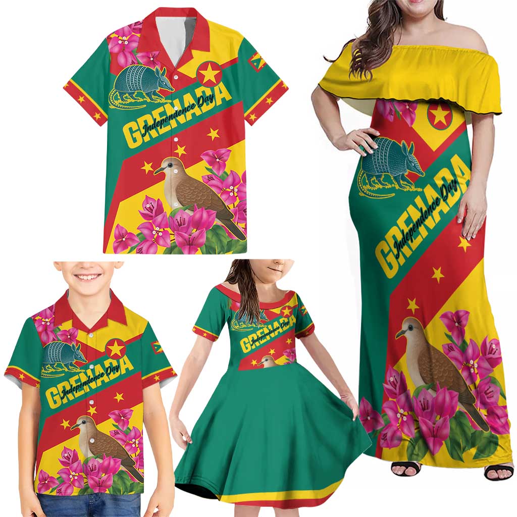 Personalized Grenada Independence Day 1974 Family Matching Off Shoulder Maxi Dress and Hawaiian Shirt La Gwinad Dove Armadillo Together - Wonder Print Shop