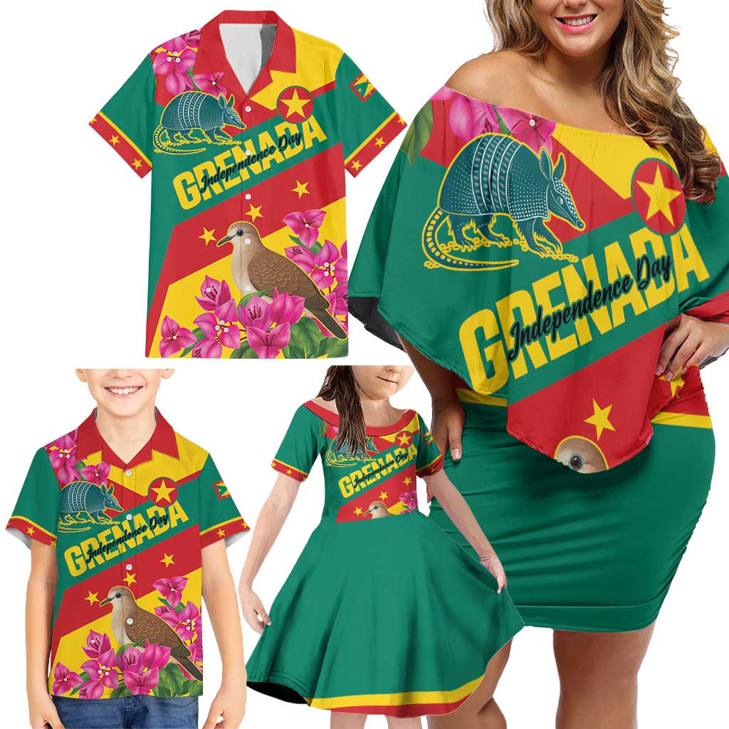 Personalized Grenada Independence Day 1974 Family Matching Off Shoulder Short Dress and Hawaiian Shirt La Gwinad Dove Armadillo Together - Wonder Print Shop