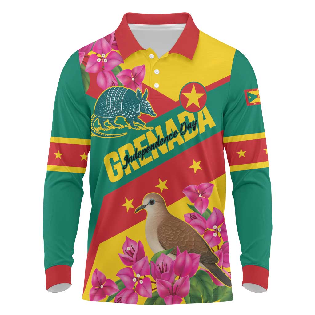 Personalized Grenada Independence Day 1974 Long Sleeve Polo Shirt La Gwinad Dove Armadillo Together - Wonder Print Shop