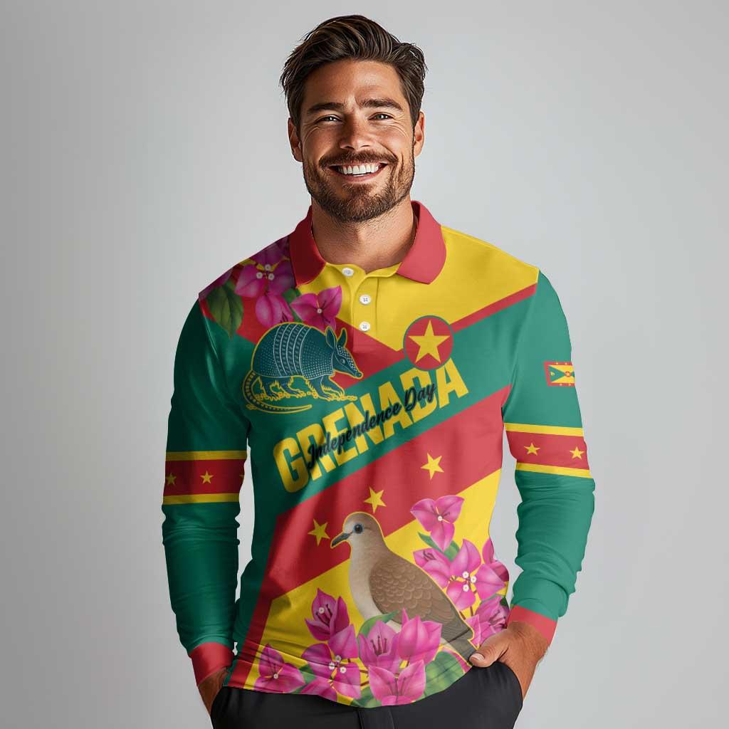 Personalized Grenada Independence Day 1974 Long Sleeve Polo Shirt La Gwinad Dove Armadillo Together - Wonder Print Shop