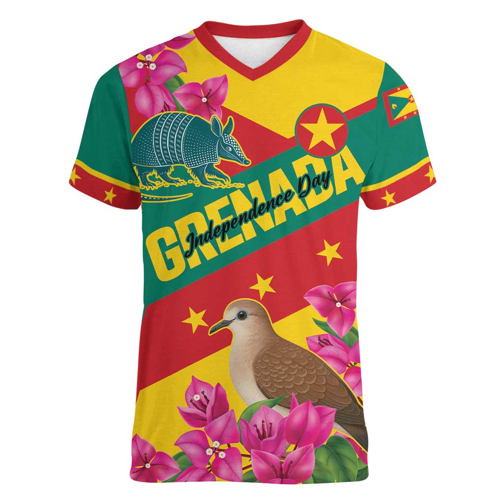 Personalized Grenada Independence Day 1974 Women V-Neck T-Shirt La Gwinad Dove Armadillo Together - Wonder Print Shop