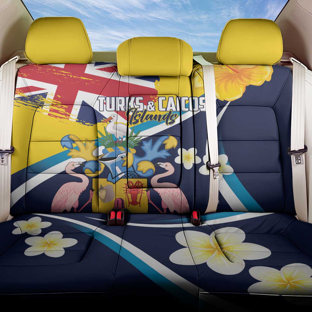 Turks and Caicos Islands Back Car Seat Cover Coat Of Arms Tropical Flowers
