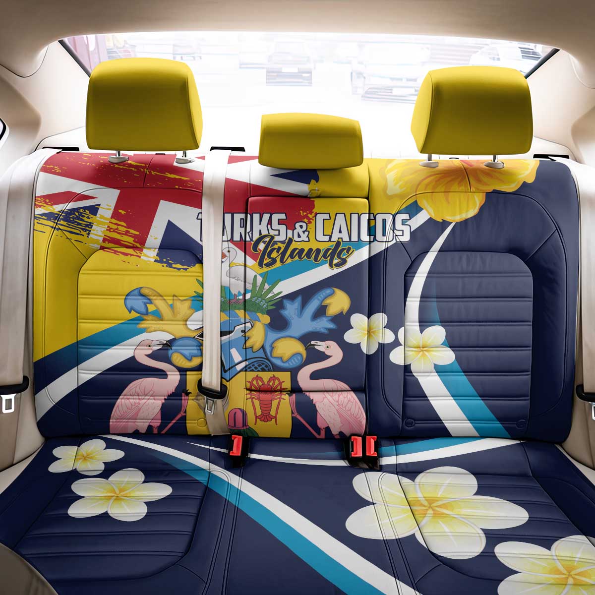 Turks and Caicos Islands Back Car Seat Cover Coat Of Arms Tropical Flowers