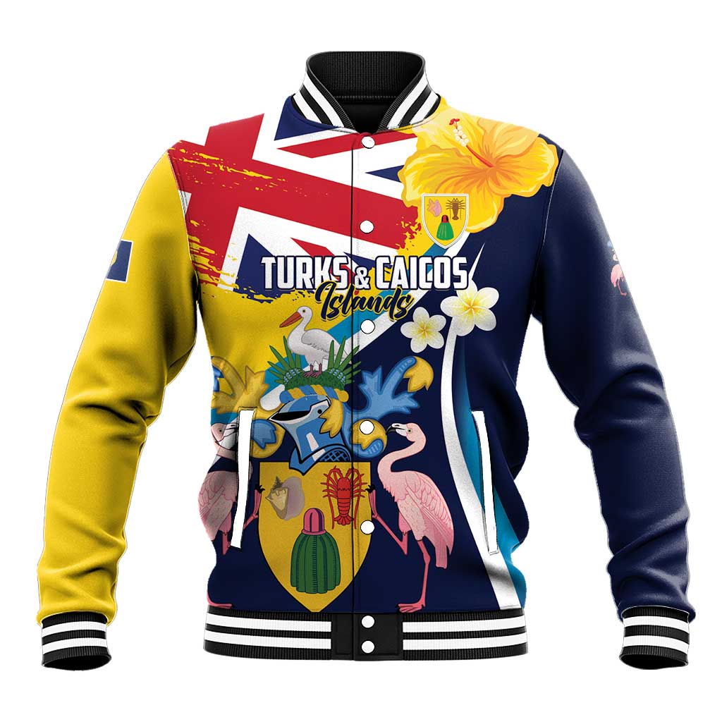Personalised Turks and Caicos Islands Baseball Jacket Coat Of Arms Tropical Flowers