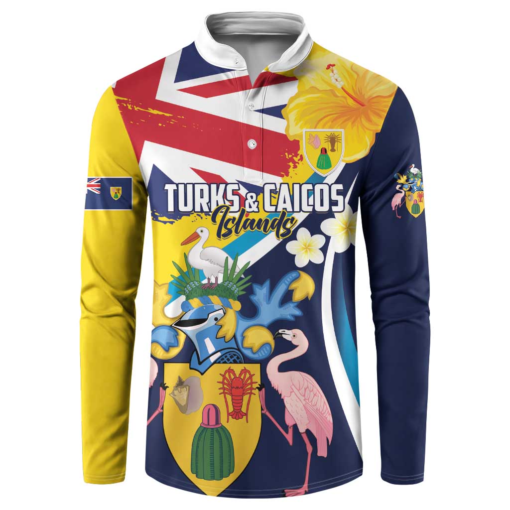Personalised Turks and Caicos Islands Button Sweatshirt Coat Of Arms Tropical Flowers
