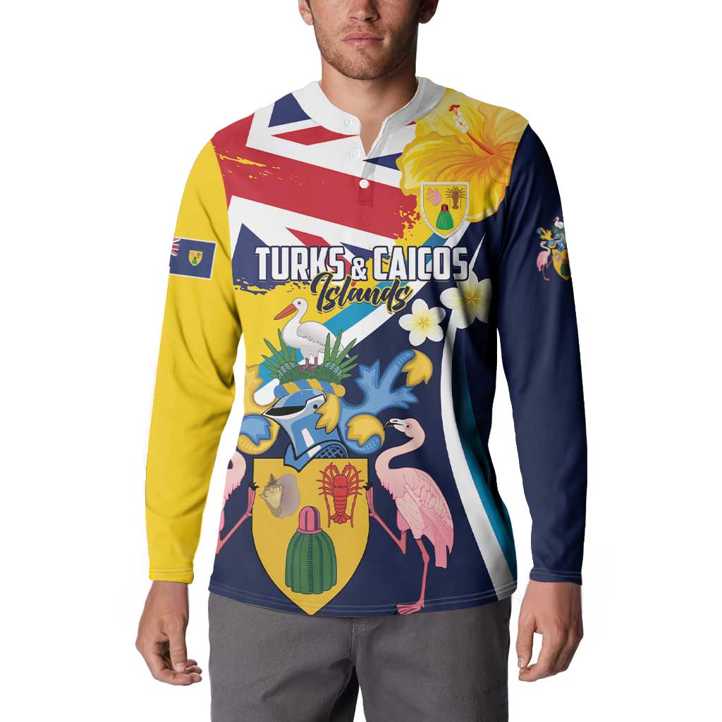 Personalised Turks and Caicos Islands Button Sweatshirt Coat Of Arms Tropical Flowers