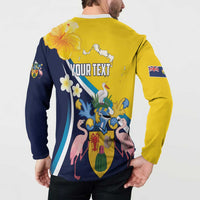 Personalised Turks and Caicos Islands Button Sweatshirt Coat Of Arms Tropical Flowers