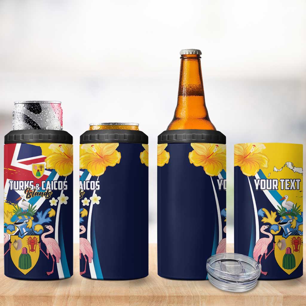 Personalised Turks and Caicos Islands 4 in 1 Can Cooler Tumbler Coat Of Arms Tropical Flowers