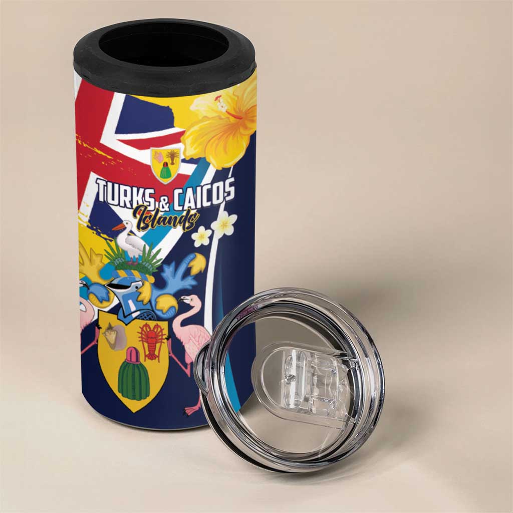 Personalised Turks and Caicos Islands 4 in 1 Can Cooler Tumbler Coat Of Arms Tropical Flowers