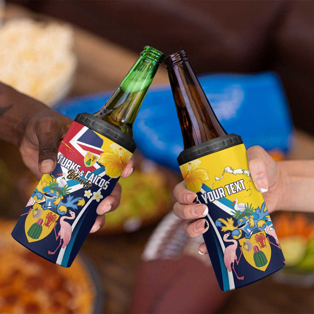 Personalised Turks and Caicos Islands 4 in 1 Can Cooler Tumbler Coat Of Arms Tropical Flowers