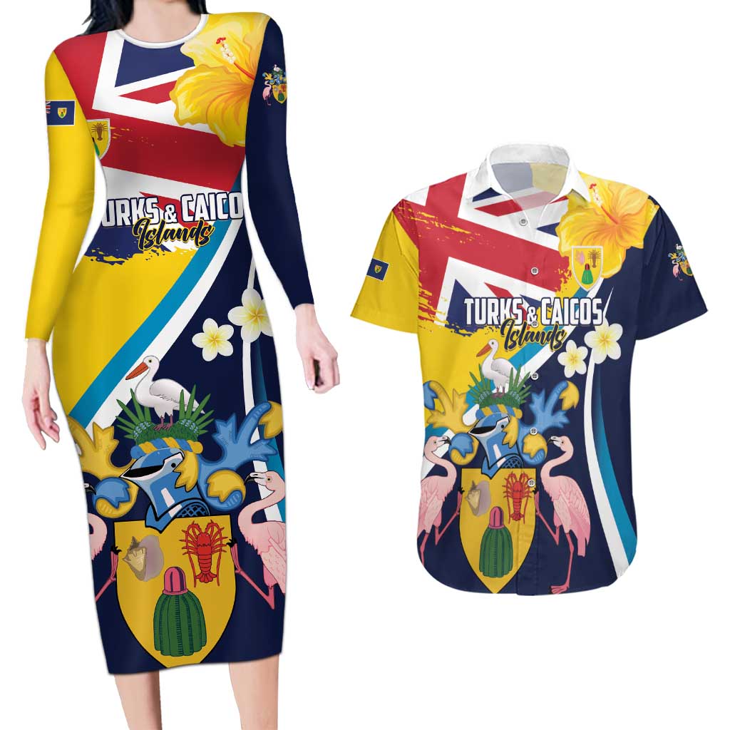 Personalised Turks and Caicos Islands Couples Matching Long Sleeve Bodycon Dress and Hawaiian Shirt Coat Of Arms Tropical Flowers