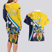 Personalised Turks and Caicos Islands Couples Matching Long Sleeve Bodycon Dress and Hawaiian Shirt Coat Of Arms Tropical Flowers