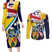 Personalised Turks and Caicos Islands Couples Matching Long Sleeve Bodycon Dress and Long Sleeve Button Shirt Coat Of Arms Tropical Flowers