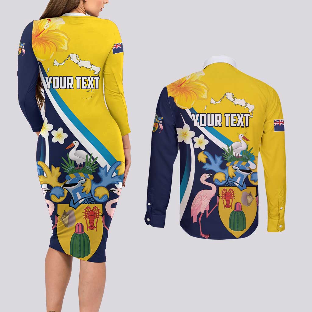 Personalised Turks and Caicos Islands Couples Matching Long Sleeve Bodycon Dress and Long Sleeve Button Shirt Coat Of Arms Tropical Flowers