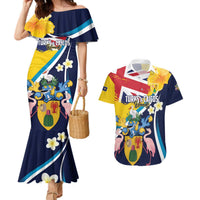 Personalised Turks and Caicos Islands Couples Matching Mermaid Dress and Hawaiian Shirt Coat Of Arms Tropical Flowers