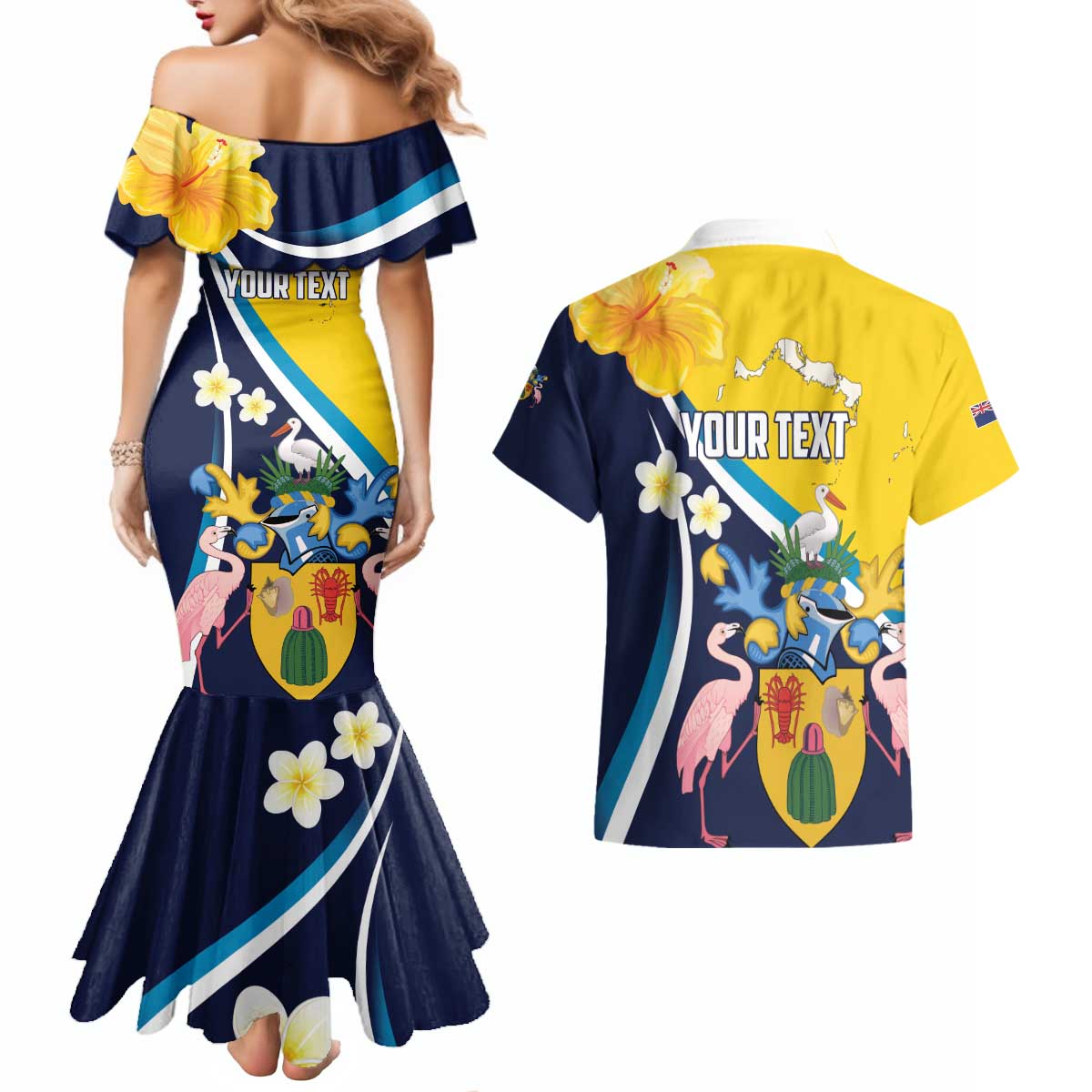 Personalised Turks and Caicos Islands Couples Matching Mermaid Dress and Hawaiian Shirt Coat Of Arms Tropical Flowers